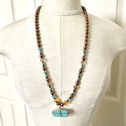 Brown Beaded Turquoise Tone Pendant Necklace 