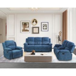 Blue Fabric Reclining Couch Set 3 Pieces