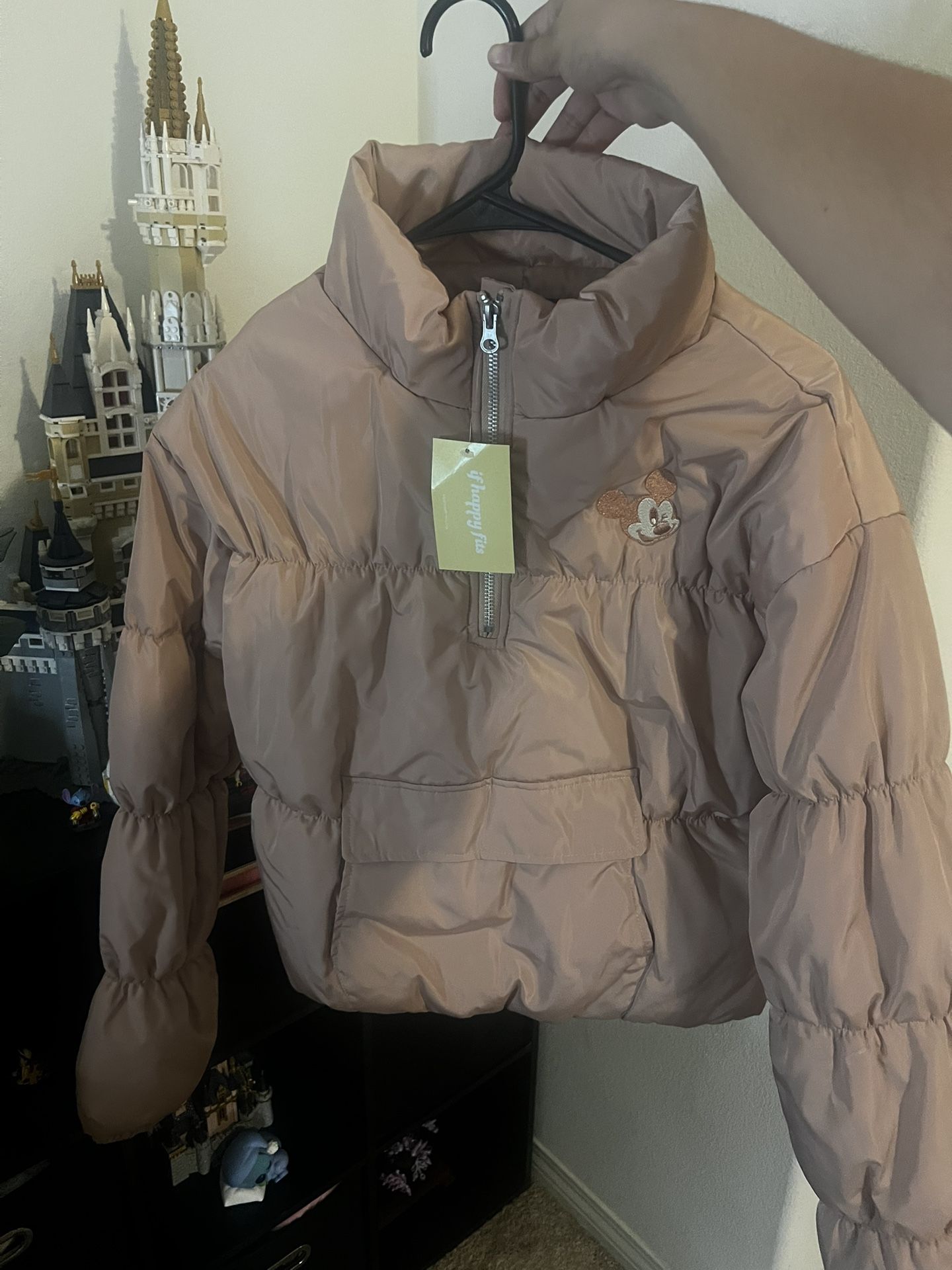 Pink Disney Mickey Mouse cropped puffer jacket