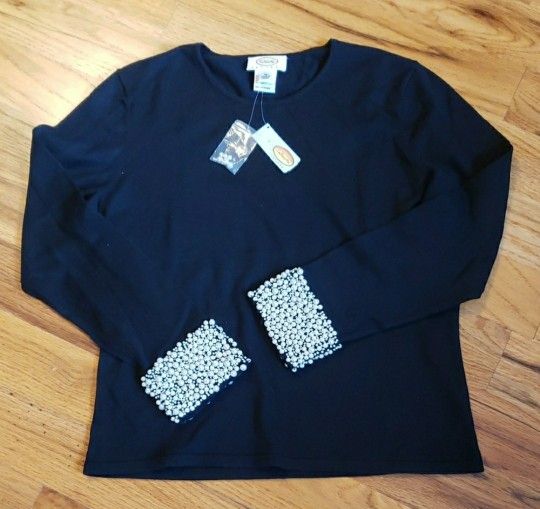 NWT Talbots Black Long Sleeve Sweater W/ Pearl Beaded Cuff Size: PM