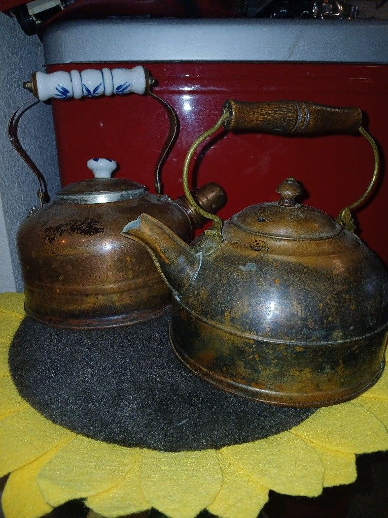 Vintage Copper Teapots Paul Revere & Blue Ceramic