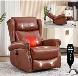 #127AB Red Genuine Leather Heat Massage Manual Recliner Chair with Rocker and Swivel for Living Room