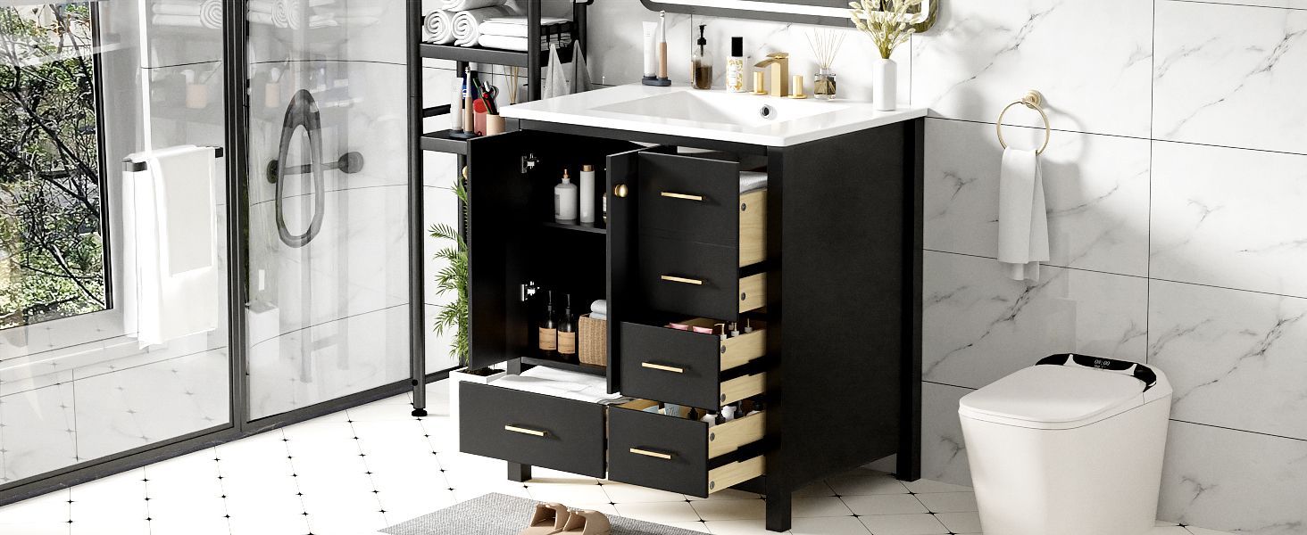30'' Bathroom Vanity with Ceramic Sink Combo, Solid Wood Frame Bathroom Storage Cabinet, Freestanding Vanity Set with 4 Drawers& Soft Closing Doors, B