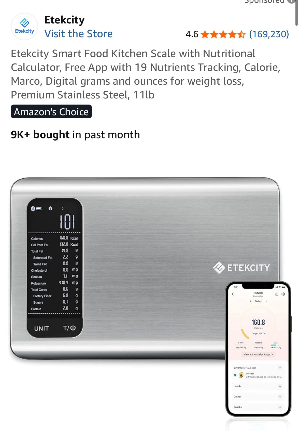 Etekcity Smart Food Kitchen Scale with Nutritional Calculator, Free App with 19 Nutrients Tracking, Calorie, Marco, Digital grams and ounces for weigh