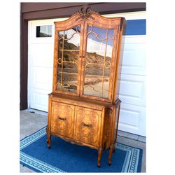 Antique Hutch China Cabinet French Provincial Louis XV Burl Wood