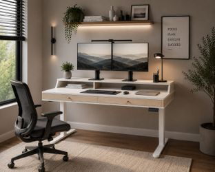 Desk with Drawers, 63x23.6 Inch Electric Stand Up Desk with Storage Shelf and Memory Controller, Sit Stand Desk Adjustable Height from 28- 46 Inch for
