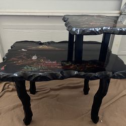 Beautiful Mid-century Black Lacquered Hand Painted Mother of Pearl Inlayed side table