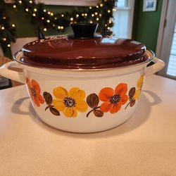 Retro Floral Enamel Ware Pot Sauce Pan Brown Orange Yellow Austria Email 1970's