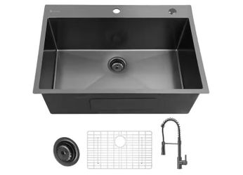 33 in. Drop-In Single Bowl 18 Gauge Gunmetal Black Stainless Steel Kitchen Sink with Black Faucet 