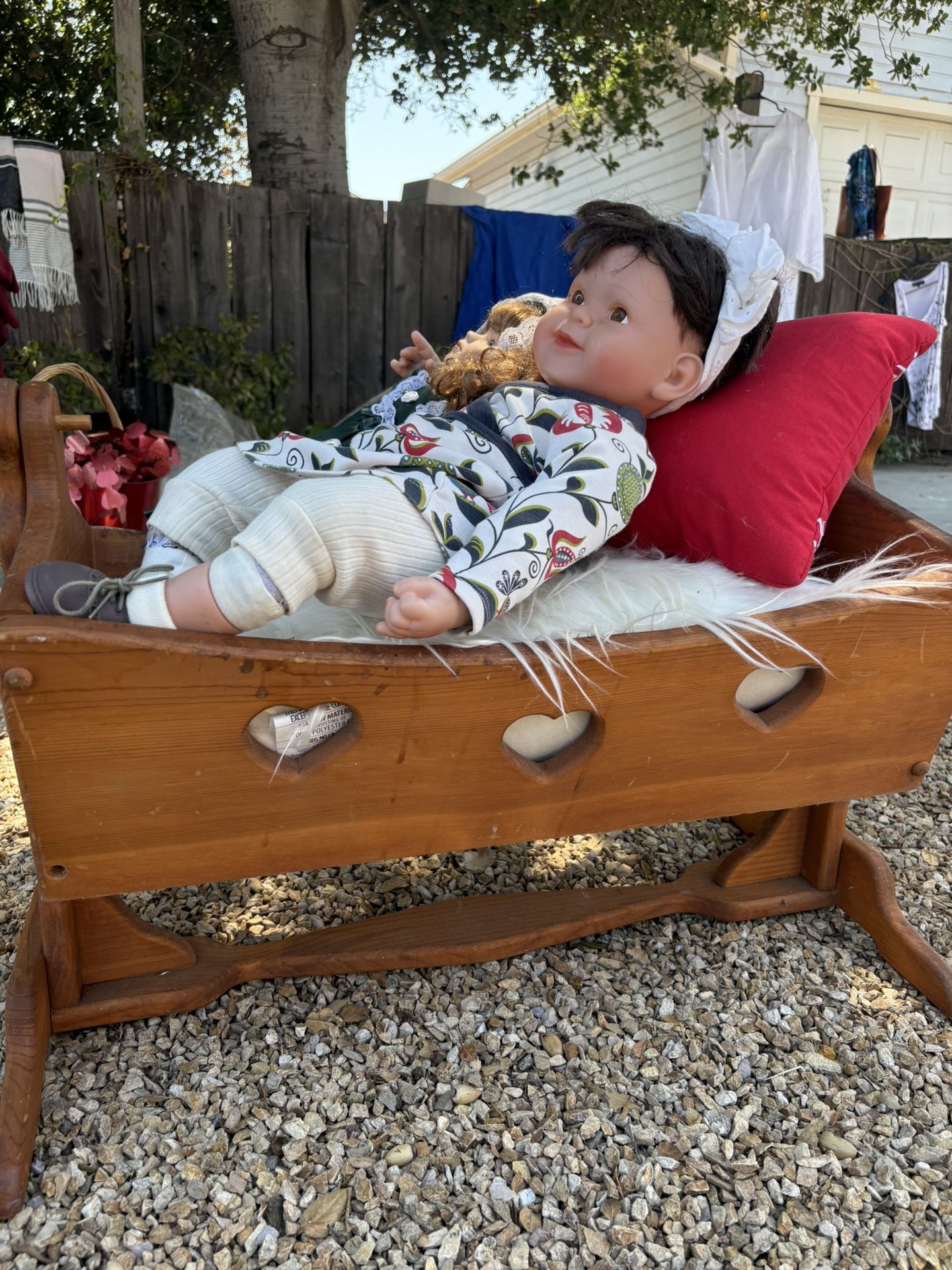 ANTIQUE TOY CRADLING BABY CRIB WITH BABY DOLL