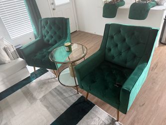Set of 2 Emerald Green Velvet Tufted Accent Chairs – Gold Legs