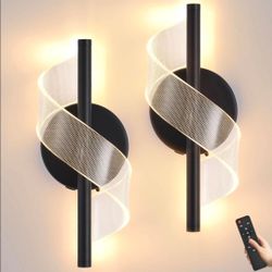 Rechargeable Battery Operated Wall Sconces (2-Pack), Black Helical Wireless Lighting with Remote Control, 11.8 Inch Dimmable Cordless Wall Lights for