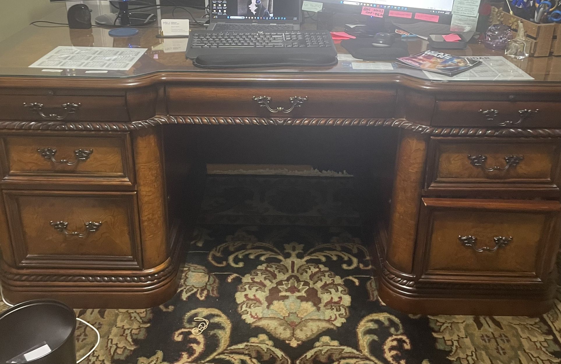 Like New Burlesque Cherry office suite - Desk, Filing Cabinet And Bookcase