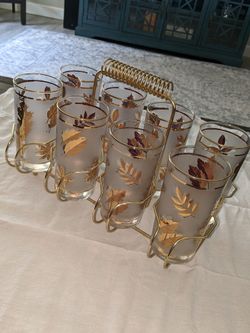 1960's Libby Golden Vintage frosted drinking glasses set of 8 with 22k gold leaf design and caddy.