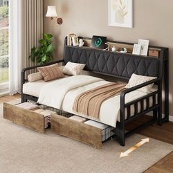 Twin to King Daybed, Convertible Sofa Bed with Trundle, Black with Power Outlet, Padded Headboard, Storage Drawers, Metal Platform Frame, Day Bed with