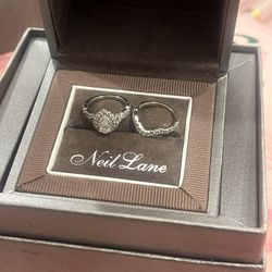 Neil Lane Double  Halo Pearcut Wedding Set 