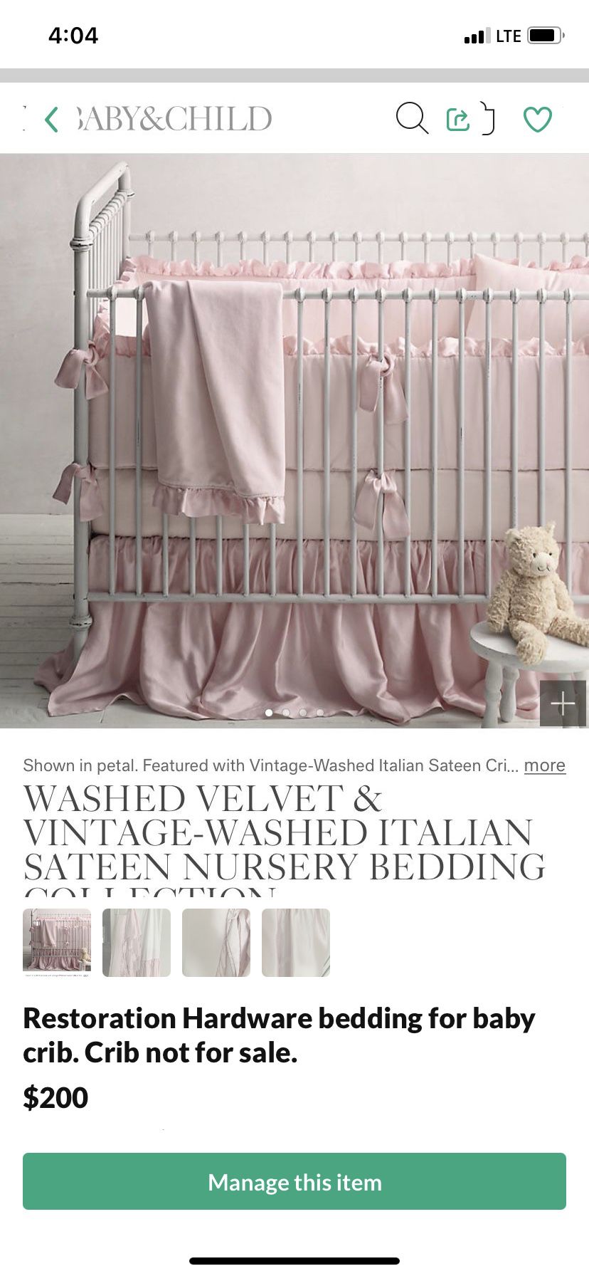 Restoration Hardware bedding for baby crib. Crib not for sale. 