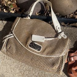 tan and white faux leather tote shoulder bag with a herringbone pattern