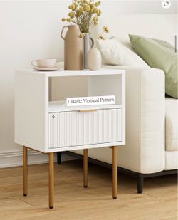White Side Table with Drawer and Open Shelf