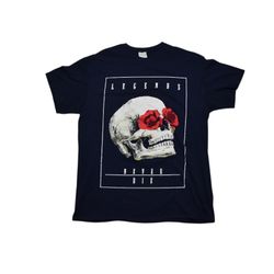Legends Never Die Blue Skull Rose Graphic Tee L