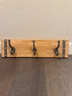 Rustic Wood Wall Coat Rack with 3 Metal Hooks – 19” x 5”