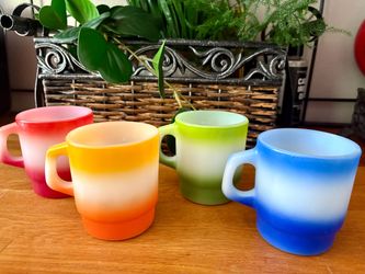Set of 4, Vintage Milk Glass, Fire-King Ombre Rainbow Stacking Mugs