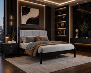 Queen Size Wood Platform Bed Frame with Fluffy Soft Upholstered Headboard, Wood Bed Support and Slat. Black & Gray.