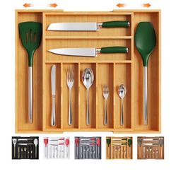 Bellsal Large Premium Bamboo Silverware Organizer - Expandable Utensil Drawer Organizer - 17"x19.6" Utensil Holder and Cutlery Tray with Grooved for K