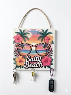 Salty Beach Wooden Canvas: Coastal Beach House Gift, Handcrafted Hibiscus Flower Wall Art