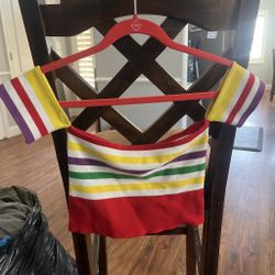Rainbow striped tube top with horizontal stripes in red, yellow, green, purple, and white