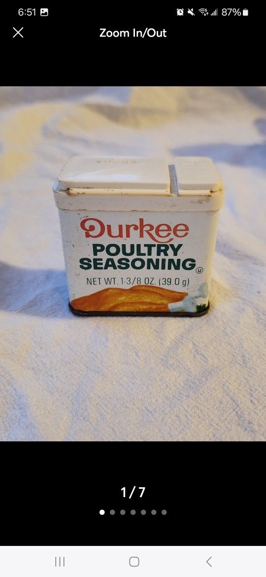 Vintage Durkee Poultry Seasoning Spice Tin. Excellent Condition!! Almost full. Please see all pictures as part of the description. Please check o