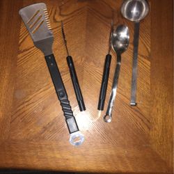 Stainless grill spatula and large tongs, large spoon and soup ladle for grill side burner