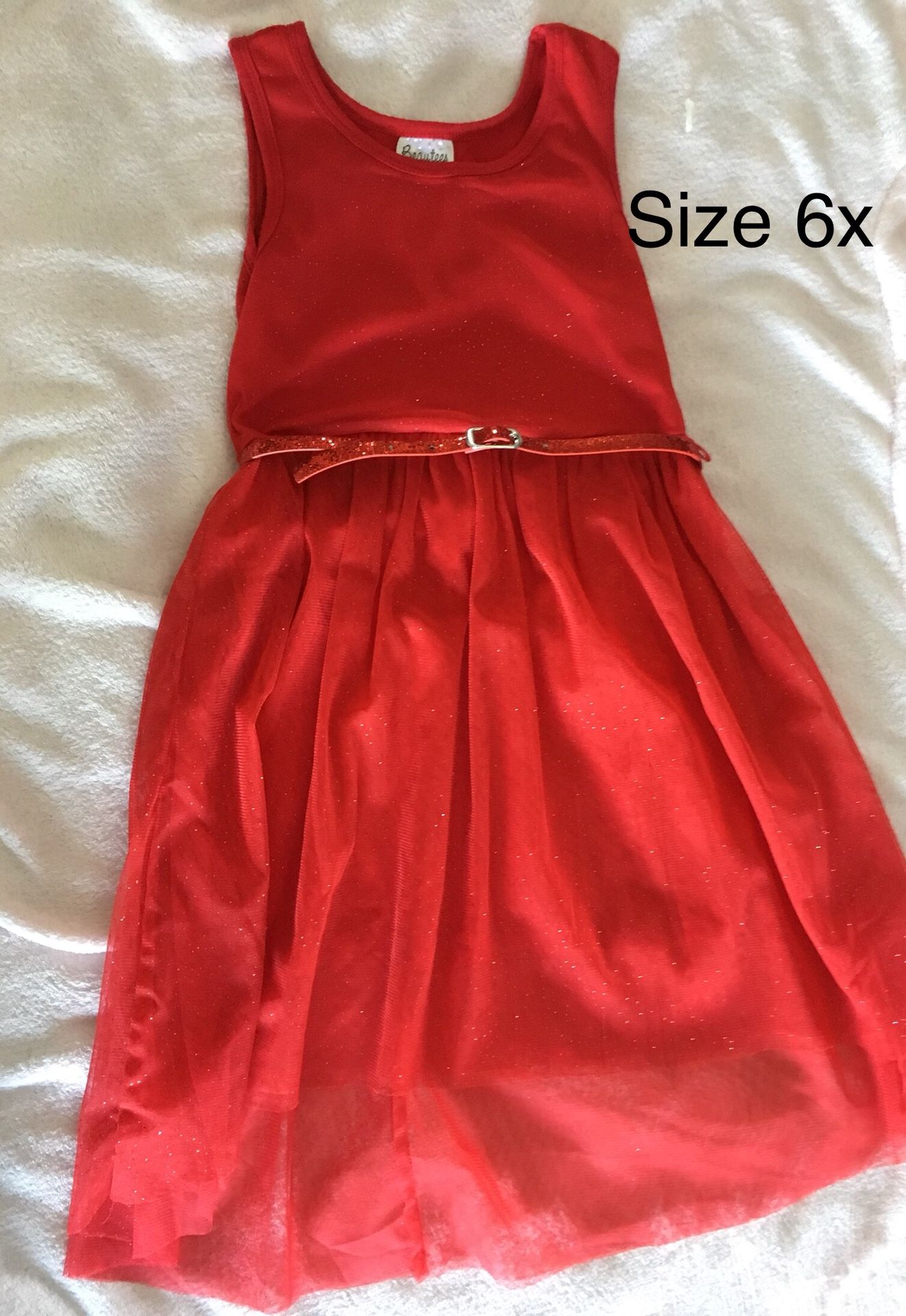 Red sparkle high low girls belted fancy dress