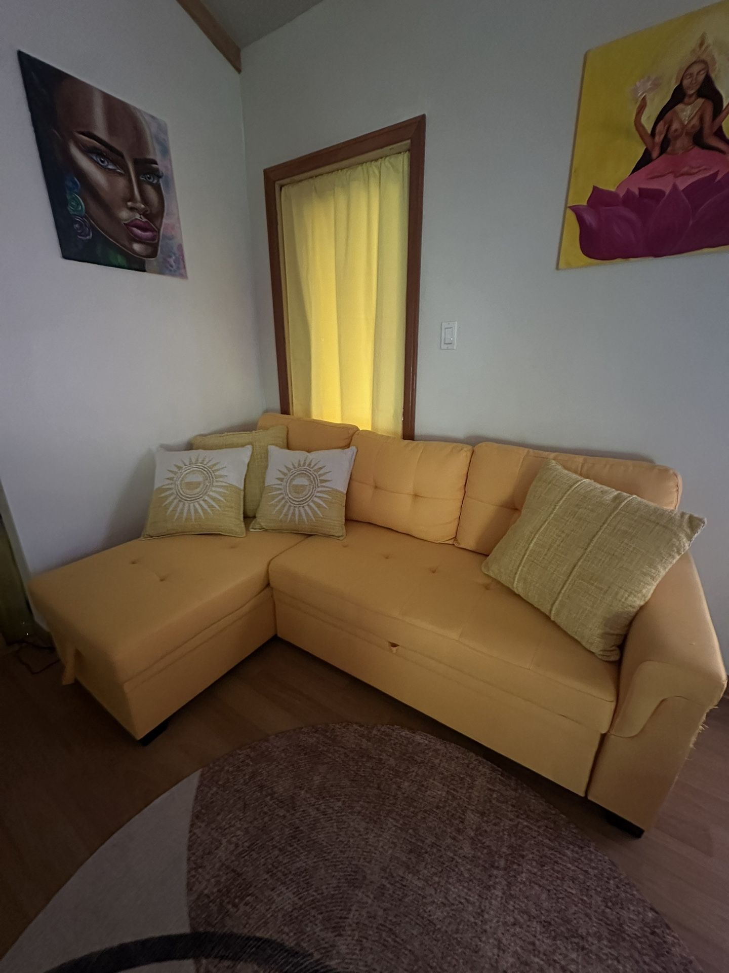 Yellow Linen Fabric Reversible Sleeper Sectional Sofa w/Storage Chaise