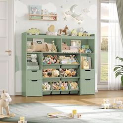 55" W Toy Storage Organizer with Drawers, Large Kids Toy Storage Box with Removable Bins, Tall Kids Bookshelf and Bookcase for Boys and Girls, Modern 