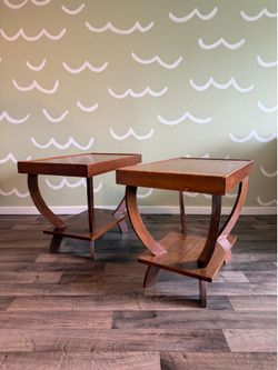 Pair of Vintage Art Deco Style Side Tables / Nightstands — Solid Wood, Curved U-Base