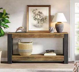 F2190 63 in. Brown and Black Rectangle Wood Console Table with Storage, Long Entryway Table Behind Couch Sofa Table