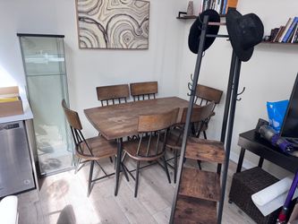 REAL WOOD DINING TABLE, COAT HANGERS & GLASS BAR