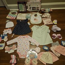 New/ Open Box Baby Girl Items- Clothes, Hats, Bibs, Socks, Hairbows, Carseat Cover, Dad/daughter Set, Etc (READ)