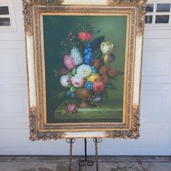 Large Decorative Framed Flowers In Vase Still Life Unsigned Oil On Canvas Painti G