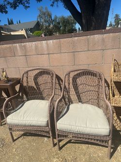 Set of 2 Brown Wicker Patio Lounge Chairs with Tan Cushions
