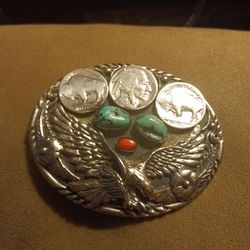 Vintage Handcrafted Belt Buckle Stones Turquoise Buffalo Nickels.