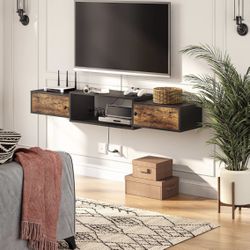 Floating TV Stand Shelf / Rustic Brown And Black