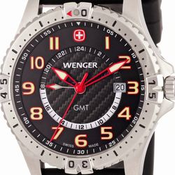 Wenger GMT Field Black Dial Stainless Steel Men's Watch With Black Leather Band