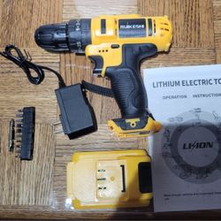 New RUIKESHI Yellow Cordless Hammer Drill with Battery and Charger