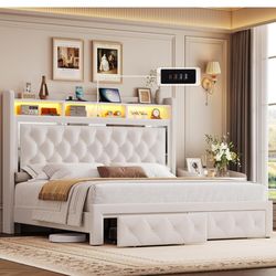 Modern Queen size upholstered bed frane in beige with built-in LED lights and Storage Headboard