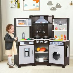 Kids Corner Play Kitchen Wooden Pretend Toy Kitchen, Large Toodler Cooking Playset w/ Storage Space