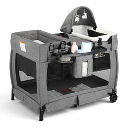3-in-1 Foldable Baby Playard with Bassinet and Changing Table for Newborn, Grey brand new in box $79 S23（2）