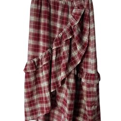 Hi-Lo Faux Wrap Plaid Skirt Gingham Cowboy Ruffle Red Tartan Cotton Measures Pic  Measurements in pictures.  No size tag.  Comes from a pet and smoke 