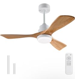 New 42”White Ceiling Fans Solid Wood with Lights & Remote,Dimmable LED Light,Reversible DC Motor